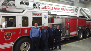 Truck 7 Crew Caption: (L-R) Captain Ryan Cox, Firefighter Jay McManigal, Firefighter Jon Alvey and myself, Fire Apparatus Operator Tom Reel